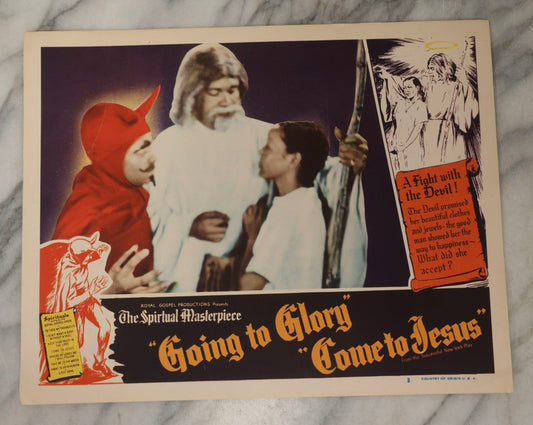 Lot 144 - Vintage Lobby Card From The All-Black Cast Gospel Race Film "Going To Glory ... Come To Jesus" Depicting The Devil Confronting The Prophet And Woman, Royal Gospel Productions, Circa 1946–1947, Lost Film, 14" x 11"