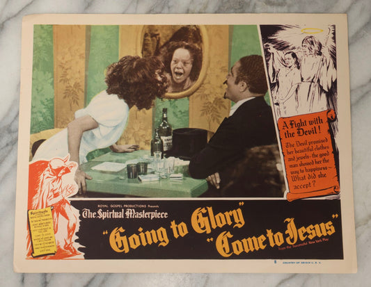 Lot 145 - Vintage Lobby Card From The All-Black Cast Gospel Race Film "Going To Glory ... Come To Jesus" Depicting A Barroom Temptation Scene With The Devil's Influence, Royal Gospel Productions, Circa 1946–1947, Lost Film, 14" x 11"