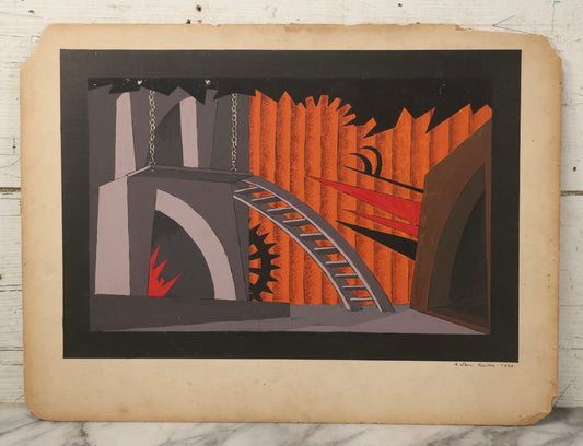 Lot 149 - Antique Hand-Painted Theatrical Set Design For “Princess Turandot” Featuring An Industrial Stage Interior With Arches, Gears, And Flame Motifs, By Robert E. Van Rosen (1904–1966), Gouache On Bainbridge Illustration Board No. 80, 1926, 20" x 15"