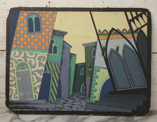 Lot 150 - Vintage Hand-Painted Theatrical Set Design For “Mandragola” By Niccolò Machiavelli, Depicting A Stylized Medieval Street Scene, By Robert E. Van Rosen (1904–1966), Gouache On Bainbridge Illustration Board No. 80, 1928, 20" x 15"