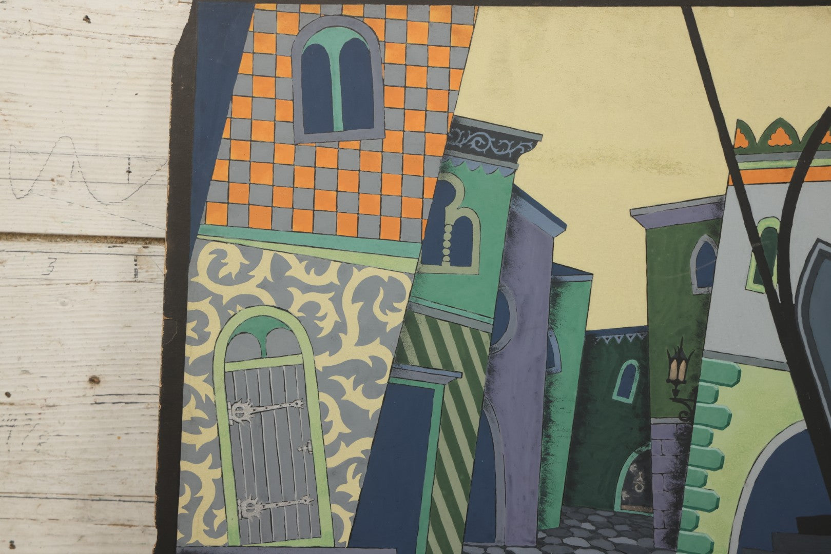Lot 150 - Vintage Hand-Painted Theatrical Set Design For “Mandragola” By Niccolò Machiavelli, Depicting A Stylized Medieval Street Scene, By Robert E. Van Rosen (1904–1966), Gouache On Bainbridge Illustration Board No. 80, 1928, 20" x 15"
