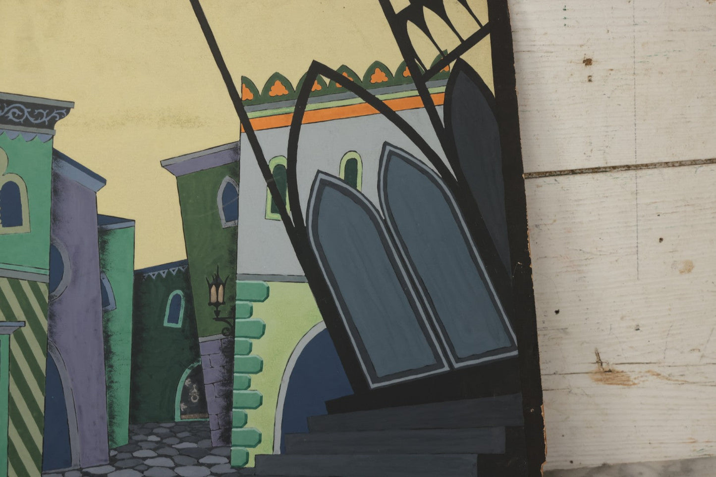 Lot 150 - Vintage Hand-Painted Theatrical Set Design For “Mandragola” By Niccolò Machiavelli, Depicting A Stylized Medieval Street Scene, By Robert E. Van Rosen (1904–1966), Gouache On Bainbridge Illustration Board No. 80, 1928, 20" x 15"