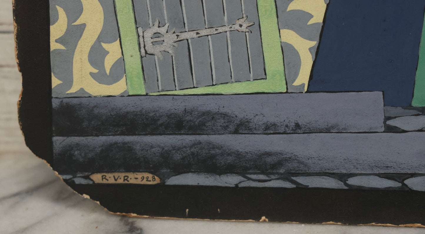 Lot 150 - Vintage Hand-Painted Theatrical Set Design For “Mandragola” By Niccolò Machiavelli, Depicting A Stylized Medieval Street Scene, By Robert E. Van Rosen (1904–1966), Gouache On Bainbridge Illustration Board No. 80, 1928, 20" x 15"