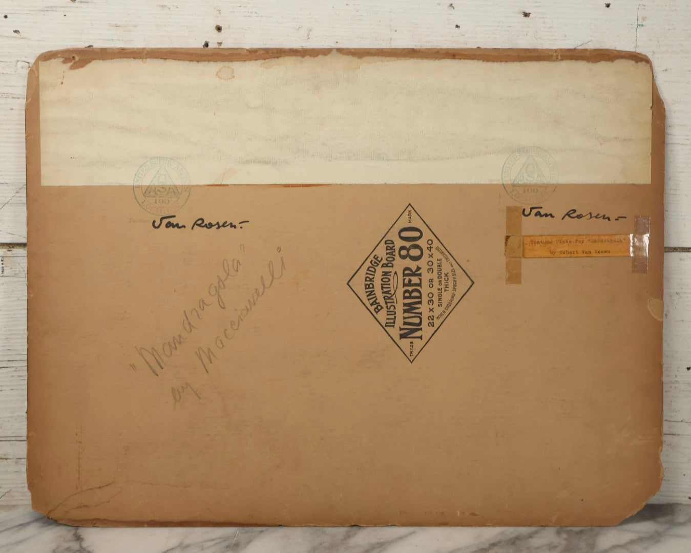 Lot 150 - Vintage Hand-Painted Theatrical Set Design For “Mandragola” By Niccolò Machiavelli, Depicting A Stylized Medieval Street Scene, By Robert E. Van Rosen (1904–1966), Gouache On Bainbridge Illustration Board No. 80, 1928, 20" x 15"