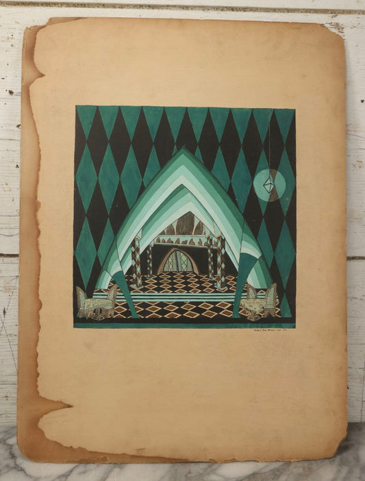 Lot 151 - Vintage Hand-Painted Theatrical Set Design For “The Veil Of Pierrette” Featuring A Turquoise And Black Harlequin-Patterned Backdrop, By Robert E. Van Rosen (1904–1966), Gouache On Sam Flax Illustration Board, 1925, 15" x 20"