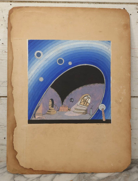 Lot 152 - Vintage Hand-Painted Theatrical Set Design For “The Veil Of Pierrette” Featuring A Blue And Lavender Arched Interior With Silver Celestial Accents, By Robert E. Van Rosen (1904–1966), Gouache On Sam Flax Illustration Board, 1925, 15" x 20"