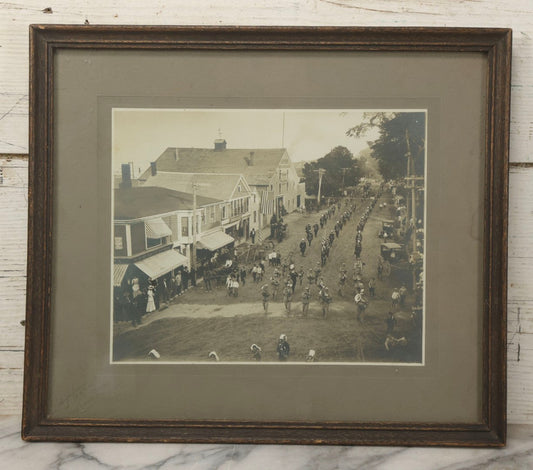 Lot 155 - Antique Boarded Photograph Of Parade On Chestnut Street, Camden, Maine, With Knights Templar / Masons With Skull And Crossbones Aprons Marching, Signed Harris Photo 1909, With Provenance Notes By Fred Crockett, Framed, 14-7/8" x 13"