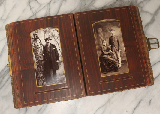Lot 159 - Antique Victorian Family Photo Album With Brown Leather Covers And Brass Clasp Containing 18 Cabinet Cards, 13 Carte De Visite CDV Photographs, 9 Tintypes, And 4 Long Cabinet Cards Including Hidden Mother And Black Baby Portraits