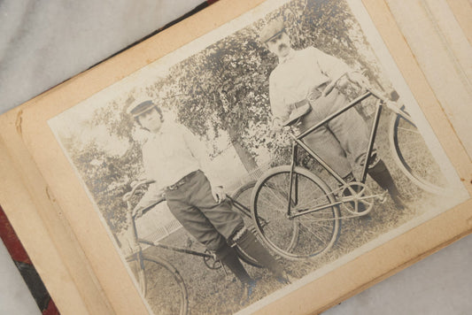 Lot 160 - Antique Snapshot Photo Album With Nineteen Photographs Including Men With Bicycles, Women At Beach, Dog Photos, And Family Memorial, Badger Plain Leaf Album No. 701 By Heinn Specialty Co., Milwaukee, Wisconsin, Circa 1895