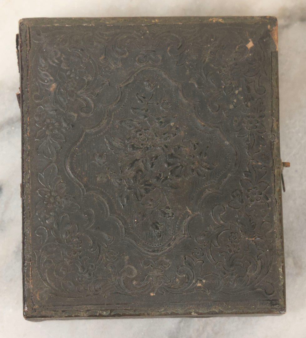 Lot 162 - Antique 1/6th Plate Ambrotype Photograph Of Stern Young Man In Wide-Brimmed Hat And Peacoat With Hand In Jacket, In Leatherette Union Case