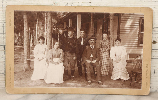 Lot 170 - Antique Boudoir Cabinet Card Photograph Of Men And Women On Cabin Porch, D.S. Brush, Elizabethtown, New York
