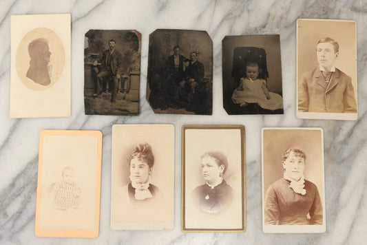 Lot 174 - Grouping Of Nine Antique Portrait Photographs Including Three Tintypes And Six Carte De Visite CDV Photographs, Massachusetts Photographers