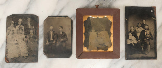 Lot 175 - Grouping Of Four Antique Tintype Portrait Photographs Including Outdoor Portrait Of Three Women In Custom Mini Wood Frame, Family With Children, Two Men, And Well-Dressed Ladies With A Man