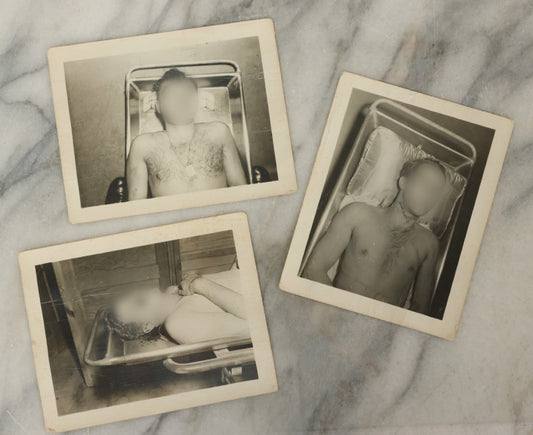 Lot 178 - Grouping Of Three Vintage World War II Snapshot Photographs Depicting Deceased Soldiers With Combat Injuries — Content Warning: Graphic Wartime Imagery