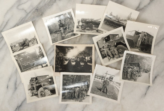 Lot 179 - Grouping Of 12 Vintage World War II Snapshot Photographs Including 1st Engineer Combat Battalion And Pioneer Engineer Training Scenes, With Tanks, Artillery, And Soldiers, And Mess Hall On Christmas 1945