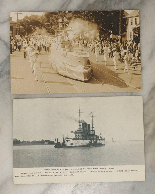 Lot 181 - Pair Of Antique Postcards Depicting The Battleship New Jersey, Including Quincy Tercentennial Parade Float 1925 And Fore River Shipyard View By A.N. Potter, Wollaston, Massachusetts