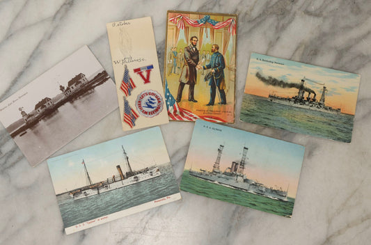 Lot 182 - Grouping Of Vintage American Ephemera Including Postcards Of U.S.S. Castine, U.S.S. Vermont, U.S.S. Illinois, Lincoln And Grant Meeting, And Mukilteo Lighthouse, Washington, And Bookmark With Wwii Patriotic Seals