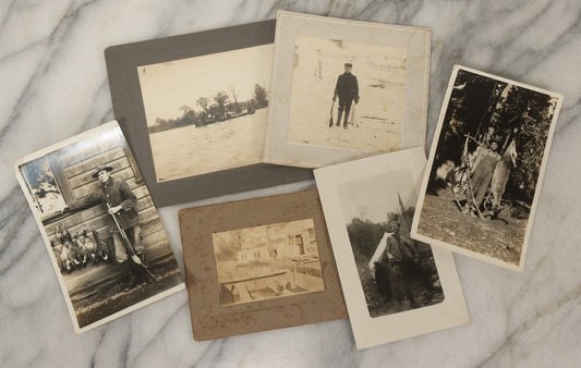 Lot 185 - Grouping Of Six Antique Hunting And Outdoor Photographs Including RPPC Of Young Man With Porcupine Kill At Campsite, Two Snapshots With Deer, Geese, And Gun, And Mounted Winter Photo Of Man With Rabbit, Hubert Soule, Fairfield, Vermont
