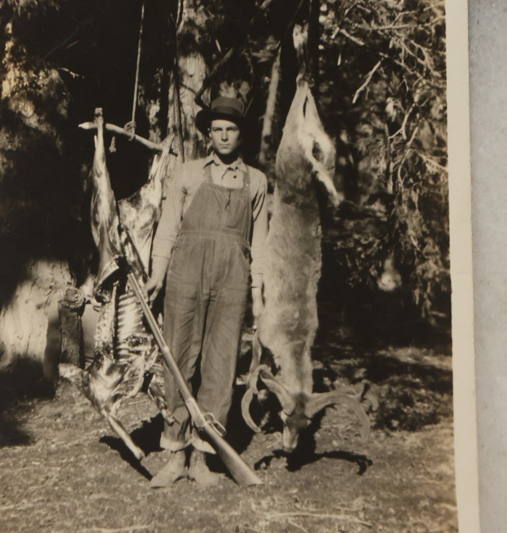 Lot 185 - Grouping Of Six Antique Hunting And Outdoor Photographs Including RPPC Of Young Man With Porcupine Kill At Campsite, Two Snapshots With Deer, Geese, And Gun, And Mounted Winter Photo Of Man With Rabbit, Hubert Soule, Fairfield, Vermont