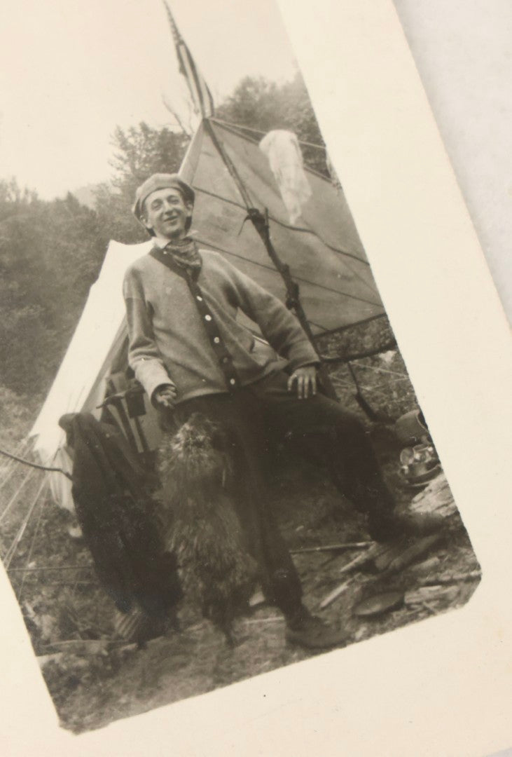 Lot 185 - Grouping Of Six Antique Hunting And Outdoor Photographs Including RPPC Of Young Man With Porcupine Kill At Campsite, Two Snapshots With Deer, Geese, And Gun, And Mounted Winter Photo Of Man With Rabbit, Hubert Soule, Fairfield, Vermont