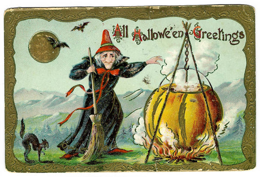 Lot 188 - Antique Embossed Hallowe'en Postcard “All Hallowe'en Greetings” Depicting Witch With Broom Stirring Jack-O-Lantern Cauldron With Black Cat And Bats, Printed In Germany, Trademark 2040 A, Postmarked Defiance, Ohio, 1909, Written On Verso