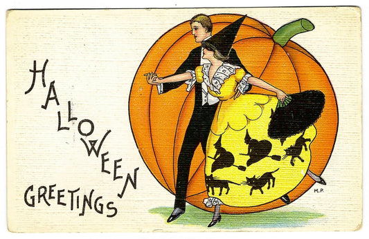 Lot 189 - Antique Linen-Textured Hallowe'en Postcard “Hallowe'en Greetings” Depicting Dancing Couple In Front Of Pumpkin, Witch And Black Cat Silhouettes On Dress, Signed M.P., Series 419 C, Not Postmarked, Unused