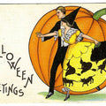 Lot 189 - Antique Linen-Textured Halloween Postcard “Halloween Greetings” Depicting Dancing Couple In Front Of Pumpkin, Witch And Black Cat Silhouettes On Dress, Signed M.P., Series 419 C, Not Postmarked, Unused