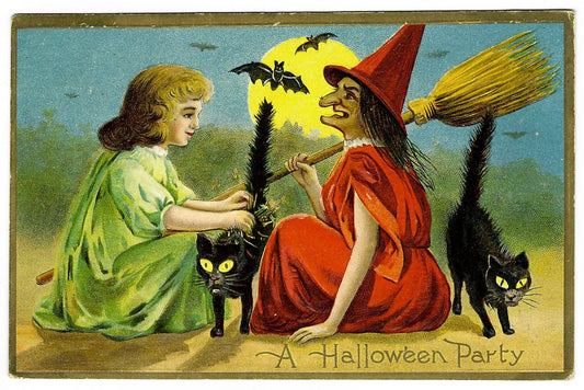 Lot 190 - Antique Embossed Hallowe'en Postcard “A Hallowe'en Party” Depicting Girl And Witch With Broom And Black Cats Beneath Full Moon, S. Series 140, Not Postmarked, Addressed To Ardmore, Pennsylvania