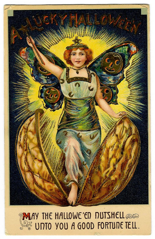 Lot 191 - Antique Embossed Gold-Accented Hallowe'en Postcard “A Lucky Hallowe'en” Depicting Fortune Fairy Emerging From Walnut Shell, I.S. B.37, Made In Germany, Postmarked Fort Detroit, Michigan, 1911, Written On Verso