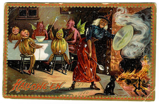 Lot 192 - Antique Embossed Hallowe'en Postcard Depicting Witch And Pumpkin-Head Imps Dining With Devils Beside Cauldron, Raphael Tuck & Sons, “Hallowe'en” Series No. 160, Printed In Saxony, Addressed To Ralph L. Gray, Natick, Massachusetts