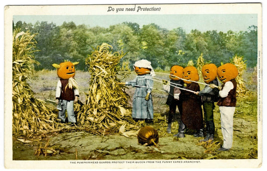 Lot 193 - Antique Colored Photograph Postcard “Do You Need Protection?” Depicting Pumpkinhead Guards Protecting Queen, Copyright 1901 By Woodruff Ad House, Ravenna, Ohio, "Phostint Card" By Detroit Publishing Co., Postmarked 1908, Written On Verso