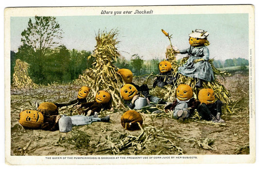 Lot 194 - Antique Colored Photograph Postcard “Were You Ever Shocked?” Queen Of Pumpkinheads Shocked By Use Of Corn Juice, Copyright 1908 Woodruff Ad House, Ravenna, Ohio, “Phostint Card” By Detroit Publishing Co., Postmarked 1908, Written On Verso