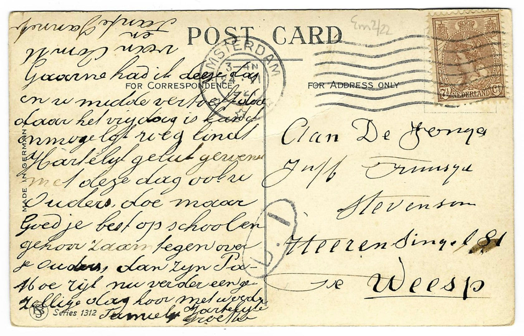 Lot 195 - Antique Hallowe'en Postcard “A Hallowe'en Party” Depicting Child In Cone Hat And Jack-O-Lantern Masked Figure With Cats, Moonlit Garden Scene, Series 1312, Made In Germany, Postmarked Amsterdam, Netherlands, 1921, Written On Verso