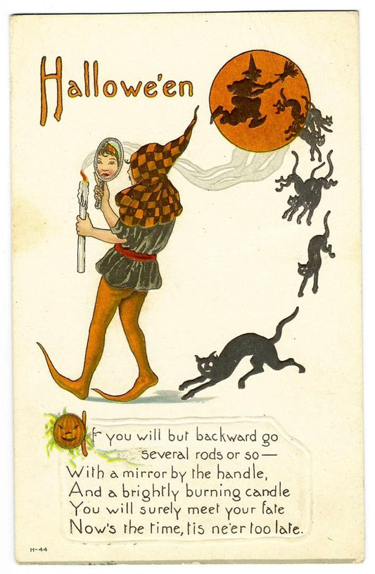 Lot 196 - Antique Hallowe'en Postcard “Hallowe'en” Depicting Woman With Mirror And Candle, Witch And Cats Silhouetted Against Full Moon, H-44, Made In USA., Postmarked Wellsboro, Pennsylvania, 1922, Written On Verso