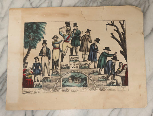 Lot 202 - Antique Hand-Colored Lithograph Print “The Life & Age Of Man” By Kelloggs & Comstock, Hartford, Connecticut, Depicting Stages Of Man's Life From Cradle To Grave, Unframed, Note Tears