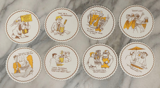 Lot 208 - Grouping Of Eight Vintage Novelty Comic Paper Bar Drink Coasters With Humorous Illustrations Of Bar Idioms Including Bar Fly, Screwdriver, Party Animal, And Boilermaker