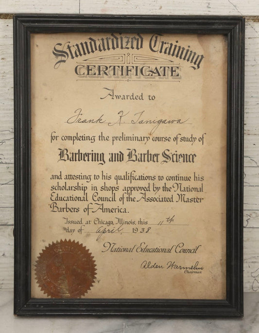 Lot 209 - Vintage 1938 Standardized Training Certificate In Barbering And Barber Science Awarded To Frank K. Tanigawa With Gold Seal In Frame, Associate Master Barbers Of America, Chicago, Illinois, 6-3/4" x 8-3/4"
