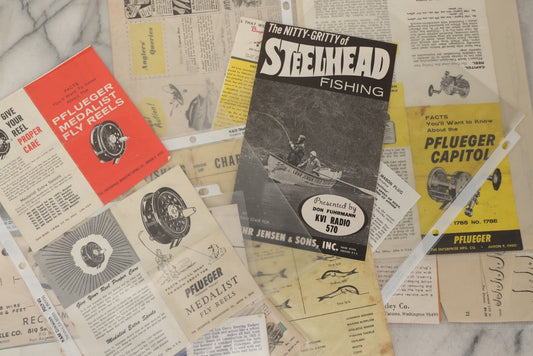 Lot 212 - Grouping Of Vintage Fishing Ephemera Including Pflueger Reel Advertisements And Booklets, "The Nitty Gritty Of Steelhead Fishing" By Dan Stair For Luhr Jensen & Sons, And Shoff Sporting Goods Chart, Kent, Washington