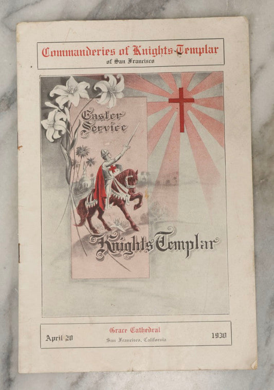 Lot 217 - Vintage 1930 Knights Templar Easter Vesper Service Program, Grace Cathedral, San Francisco, California