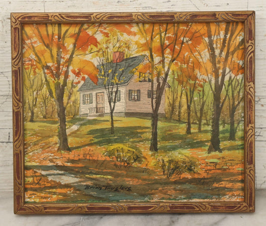 Lot 232 - Vintage Watercolor Painting Of Humble White Cottage Among Autumn Trees, Peak Fall Foliage, Signed Brian Truelove (Scottish-American, Early 20th Century), 9-1/8" x 7-5/8"