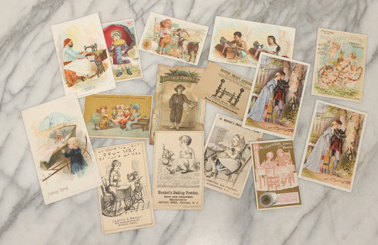 Lot 241 - Grouping Of 15 Antique Victorian Lithographed Trade Card Advertisements Including J. & P. Coates Thread, Milkmaid Brand Condensed Milk, Henkel's Baking Powder, Boston Brass Andirons, Fairbanks Soap, And Singer Manufacturing Co. Sewing Machines