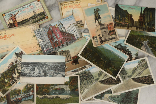 Lot 249 - Grouping Of Antique Souvenir Folders Of Mohawk Trail, Massachusetts, Springfield, Massachusetts, Gloucester, Massachusetts, And 34 Antique Postcards Of Massachusetts And Boston Buildings And Views