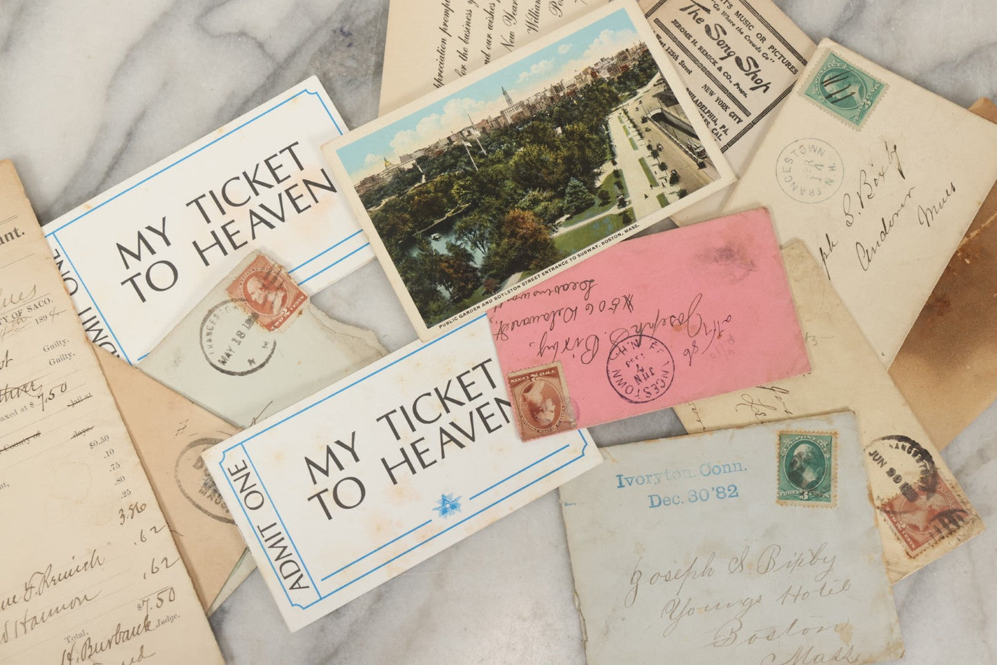 Lot 251 - Grouping Of Antique And Vintage Ephemera, Including 1894 Intoxication Arrest Warrant, Antique Postmarked Envelopes, And Two "My Ticket To Heaven" 1995 Booklets