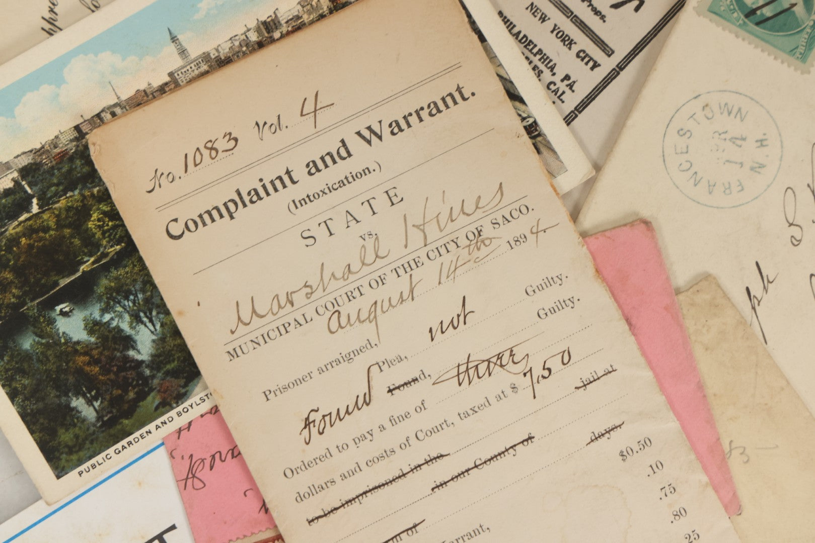 Lot 251 - Grouping Of Antique And Vintage Ephemera, Including 1894 Intoxication Arrest Warrant, Antique Postmarked Envelopes, And Two "My Ticket To Heaven" 1995 Booklets