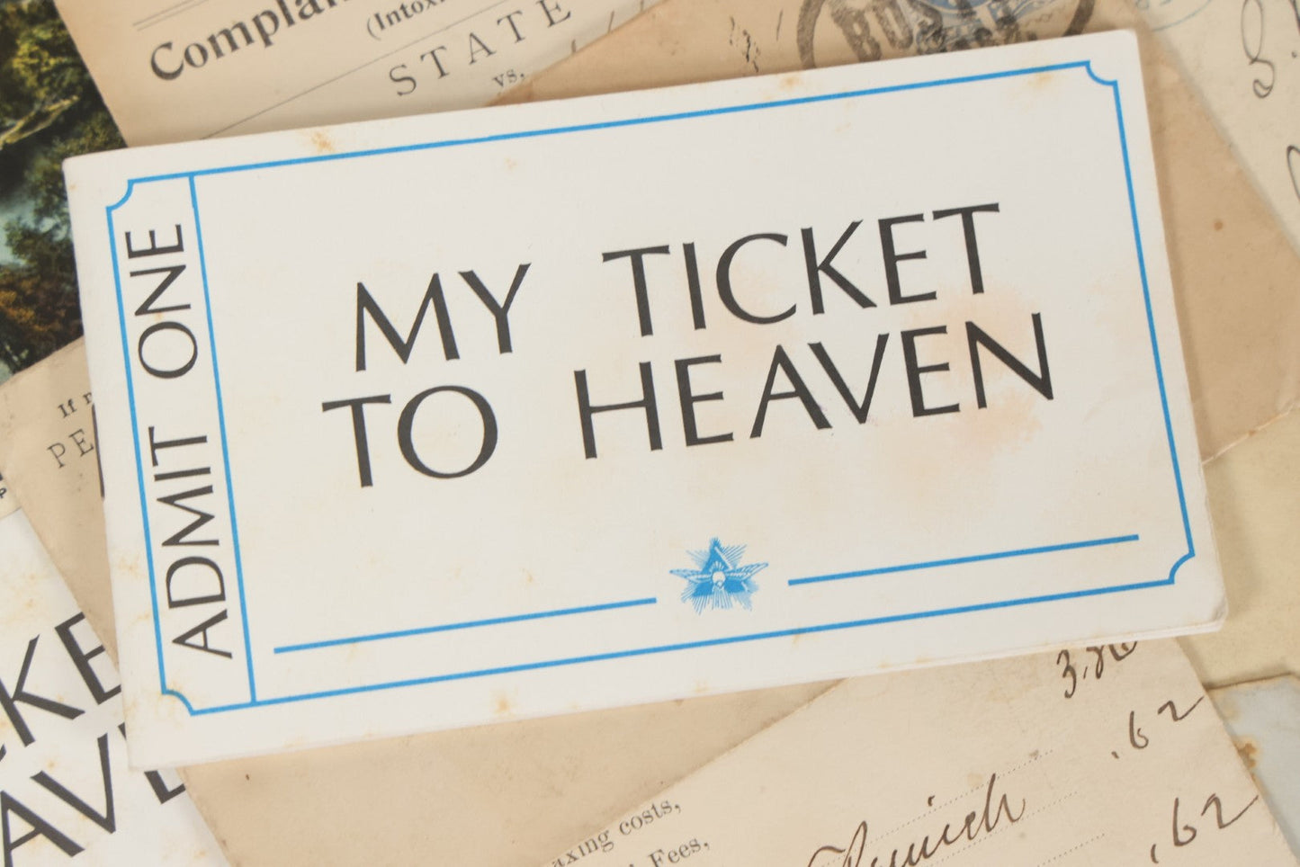 Lot 251 - Grouping Of Antique And Vintage Ephemera, Including 1894 Intoxication Arrest Warrant, Antique Postmarked Envelopes, And Two "My Ticket To Heaven" 1995 Booklets
