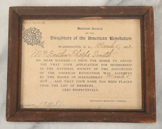 Lot 256 - Antique Framed Daughters Of The American Revolution D.A.R. Membership Certificate Issued To Mrs. Bertha Phelps Smith, Signed By Marie Milkinson Hopkins, March 5, 1913
