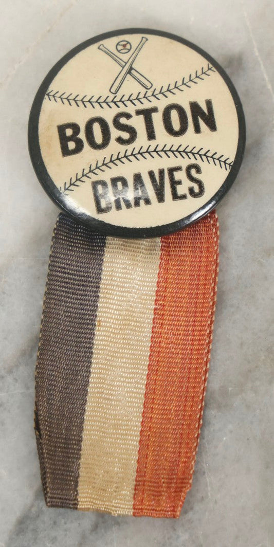 Lot 259 - Vintage Boston Braves Baseball Team Celluloid Pinback Badge With Red, White, And Blue Ribbon, Circa 1935–1950