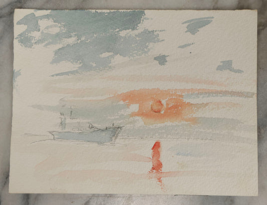 Lot 260 - Vintage Watercolor Seascape With Boat And Sunset, 6" x 8"