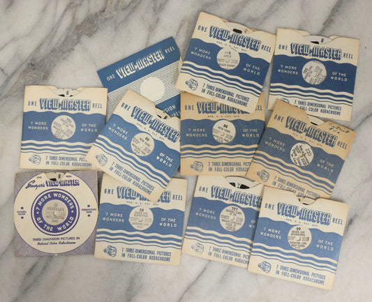 Lot 262 - Grouping Of Ten Vintage Sawyer's View-Master Reels From The "7 More Wonders Of The World" Series Featuring Views Of New York, Baseball Stars, Homes Of Hollywood, And Golden Gate International, Sawyer's Inc., Portland, Oregon