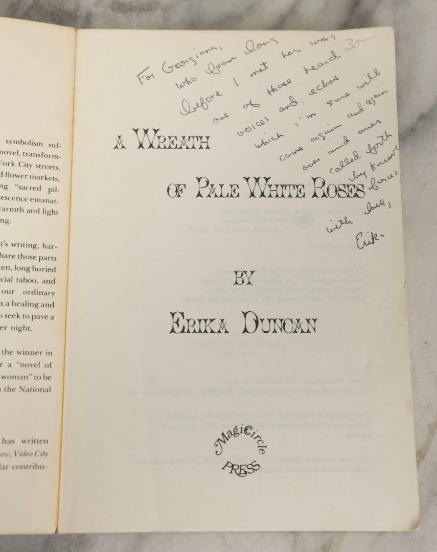 Lot 280 - "A Wreath Of Pale White Roses" Vintage Inscribed Paperback Novel By Erika Duncan, Published By Magic Circle Press, Weston, Ct, 1977, With Author's Signed Gift Inscription And Accompanying Postcard Invitation To Joint Book Release With Anaïs Nin
